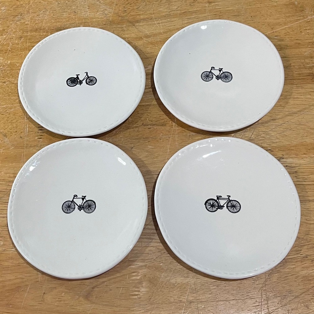 Rae Dunn Bicycle Appetizer Plates Set of 4 White Dimpled Rim‎ Farmhouse 6"